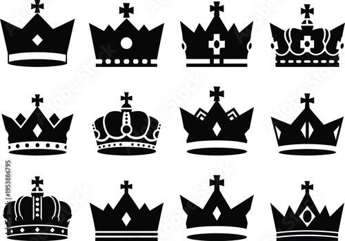 A collection of 12 different royal crown silhouettes with various designs and details
