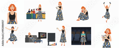 Diverse Lifestyle Flat Illustration Set of Young Woman in Different Scenarios