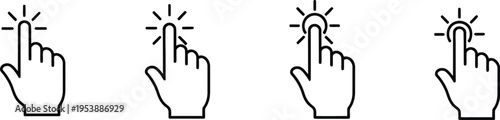 A series of four hand icons depicting a finger clicking a button with increasing intensity and light effects