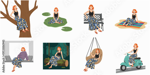 Detailed Fashionable Woman in Floral Skirt Posing in Various Outdoor Locations Illustration