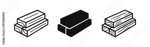 Wood Logs Stacked Icon Set with Outline, Solid, and Hand-Drawn Styles. Timber and Construction Material Symbols.