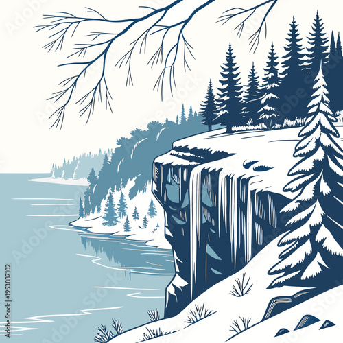 Snowy Cliffside with Lake and Pine Trees winter