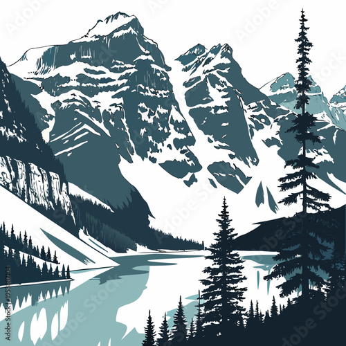 Snowy Mountain Landscape with Lake and Pine Trees mountains