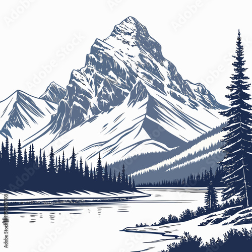Snowy Mountain Peak with Lake and Trees winter