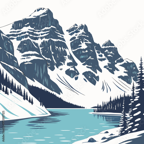 Snowy Mountain Landscape with Lake and Trees winter