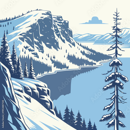 Snowy Mountain Landscape with Lake and Pine Trees mountains