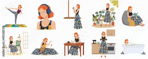 Cartoon Illustration Woman Doing Various Activities at Home Set of Illustrations