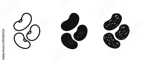 Beans Icon Set with Outline, Solid, and Hand-Drawn Styles. Legume, Plant-Based Food, and Healthy Eating Symbols.