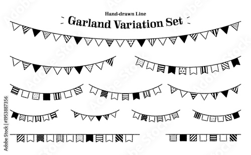 Monochrome bunting garland line set with curved swag and straight layouts