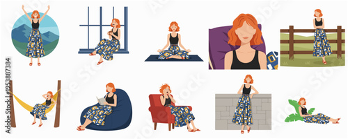 Flat Style Collection of Woman Relaxing and Enjoying Leisure Activities Illustration