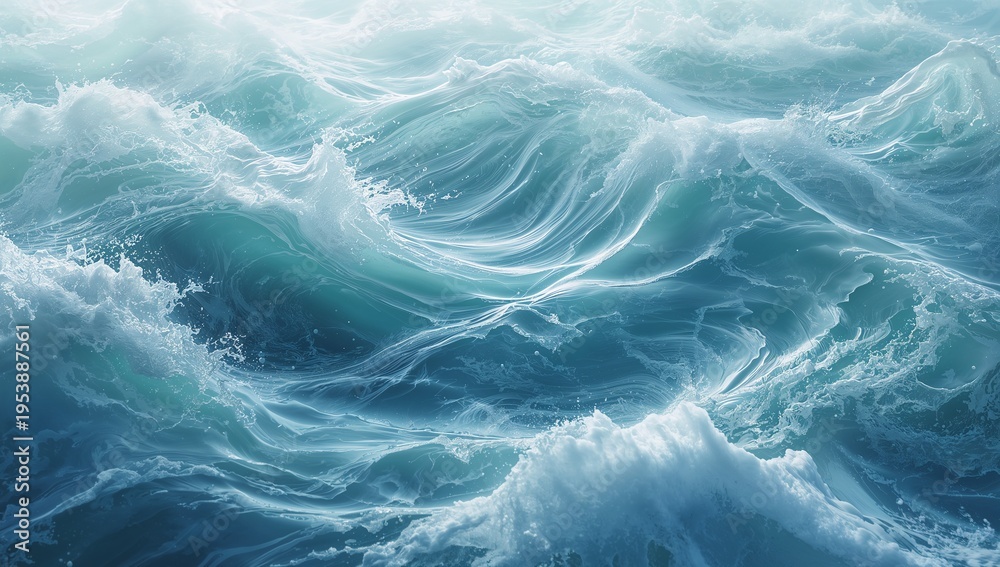 Obraz premium Churning turbulent ocean waves swelling and cresting offshore sea, with white foam and sea spray