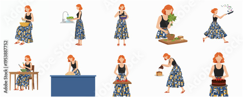 Flat Illustration Woman Cooking and Baking Various Dishes at Home Set