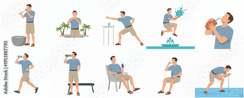 Flat Design Man Hydration and Recreation Diverse Activities Illustration