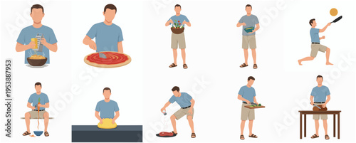 Flat Style Full Body Man Character in Various Cooking Actions Illustration
