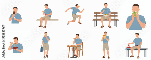Flat Style Different Poses Man Eating Food Everyday Activity Illustration