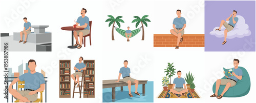 Diverse Flat Illustration Set of Man Relaxing in Various Locations