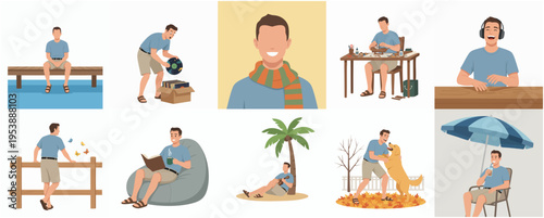Diverse Lifestyle Flat Illustrations of Man in Different Seasons and Activities