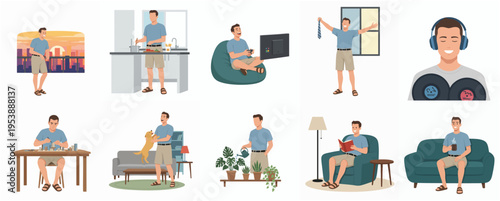 Flat Style Illustrated Young Man Engaged in Various Leisure Activities Set