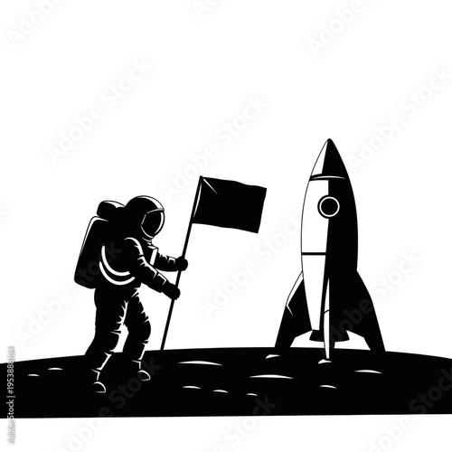 Astronaut planting flag on moon near rocket, vector illustration.