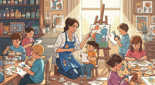 Art class with teacher and children painting.