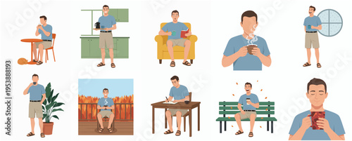 Clean Flat Young Man Daily Life Activity and Hobby Illustration Set