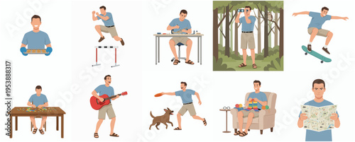 Flat Design Man Character Doing Various Activities and Hobbies Illustration Set