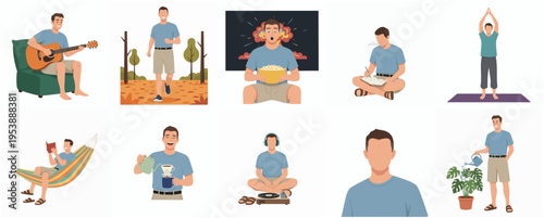 Flat Illustration Set of Man Engaged in Various Activities and Hobbies