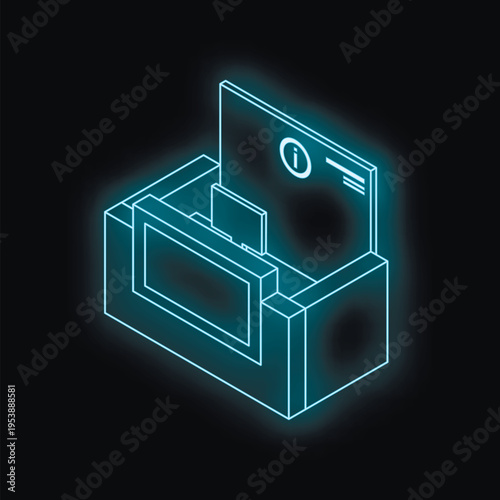 Glowing blue atm with information screen and keyboard displayed on a black background, representing online banking and financial technology