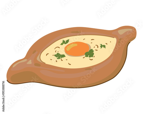 Khachapuri from Adjara. National food of Georgia. Vector illustration. Oven baked bread with cheese and egg. Homemade rural food. Flat style.