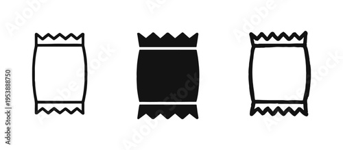 Candy wrapper icon set with outline, solid, and hand-drawn styles. Sachet or package symbol for food and snacks.