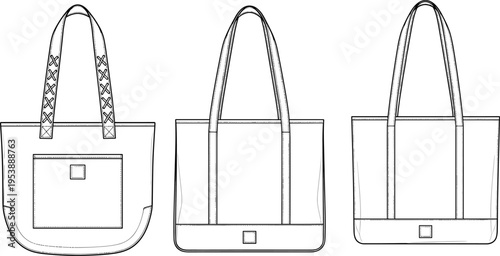 Tote bag technical drawing front side back view fashion accessory vector outline reusable shopping handbag detailed design template illustration