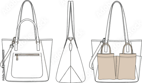 Tote handbag technical drawing front side back view fashion accessory with pockets zipper strap detailed vector design template illustration