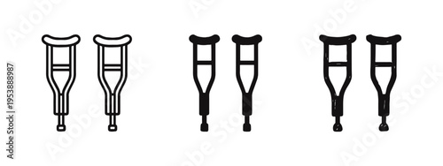 Crutches icon set with outline, solid, and hand-drawn styles. Medical walking aid symbol for injury and rehabilitation.