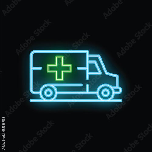 Glowing neon sign of an ambulance with a green cross, representing emergency medical services
