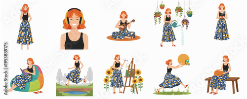Flat Style Detailed Redhead Woman Doing Various Activities Illustration Set