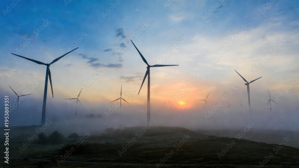 Obraz premium Wind turbines rising through morning mist on rolling hill