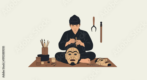 Artisan crafting traditional Korean mask with tools.