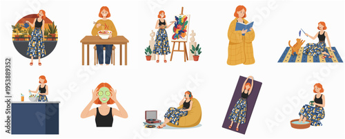 Colorful Flat Illustration of Woman Doing Daily Routine Activities at Home