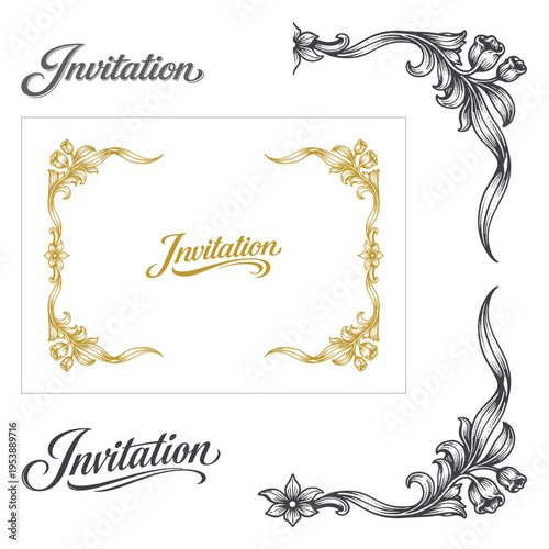 Elegant invitation script framed by ornate floral vintage border. Decorative engraved composition with classic romantic styling. Luxury template design for wedding cards and refined stationery.