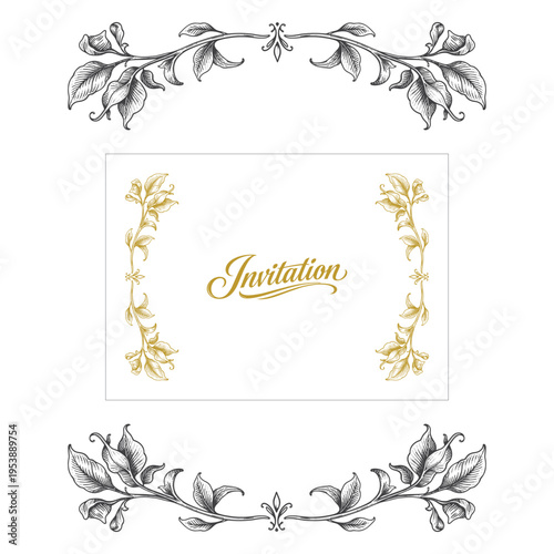 Elegant invitation script framed by ornate floral vintage border. Decorative engraved composition with classic romantic styling. Luxury template design for wedding cards and refined stationery.