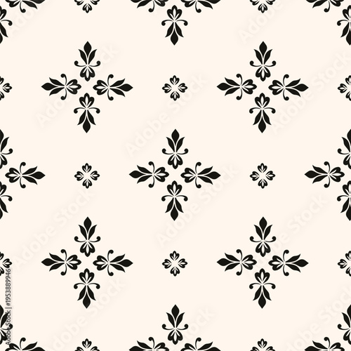 Simple minimalist geometric seamless pattern. Abstract monochrome minimal background with small floral shapes. Subtle repeat design for decor, print.