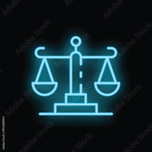Glowing neon blue scales of justice sign representing law, order, and the legal system