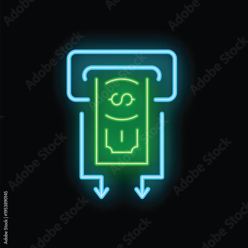 Neon atm cash machine dispensing money with glowing effect on dark background