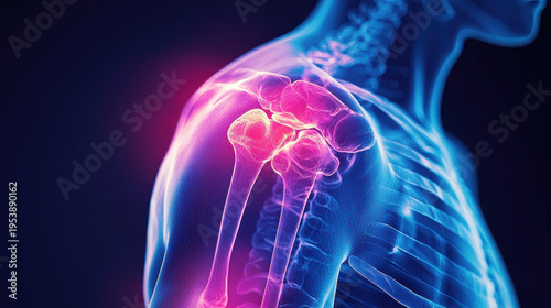 Shoulder joint pain illustration showing inflammation in bones and muscles with glowing red area highlighting discomfort and injury