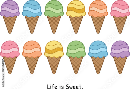 Colorful ice cream cones vector illustration set with pastel scoops sweet dessert collection minimal style cute summer treat
