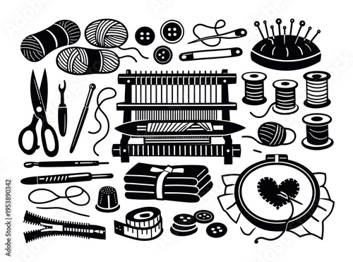 Crafting tools such as needles, thread, loom, and fabric showcased alongside sewing, knitting, and weaving projects