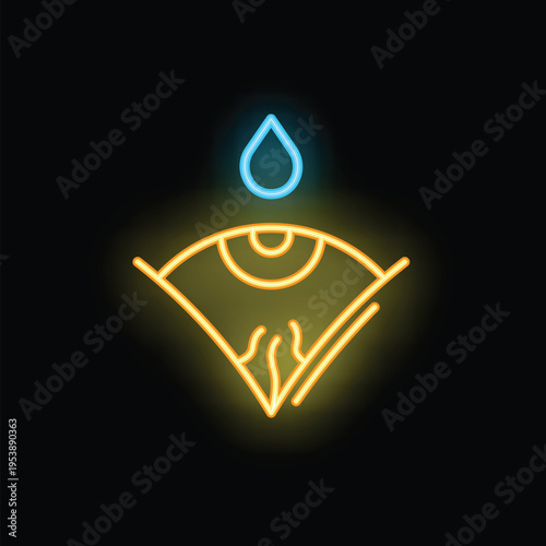 Bright luminous yellow neon icon of a crying eye with a blue tear falling from it on a black background