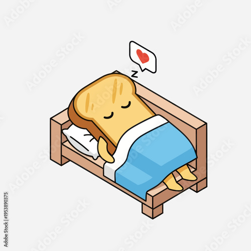 Cartoon Toast Character Sleeping Peacefully in Bed with Heart Dream.