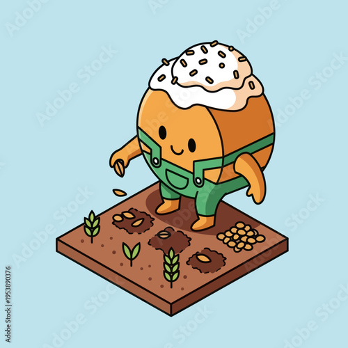 Cartoon Pastry Farmer Planting Seeds in a Garden Patch.