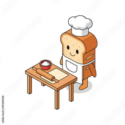 Isometric Bread Baker Character with Rolling Pin and Ingredients.